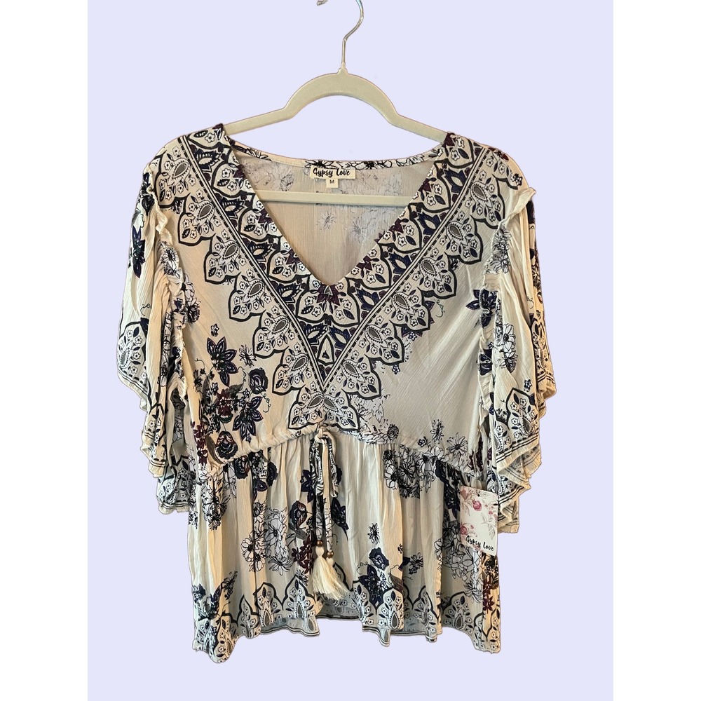 NWT Gypsy Love Floral Rayon Flutter Sleeve Peplum Top Boho Whimsigoth Retro M